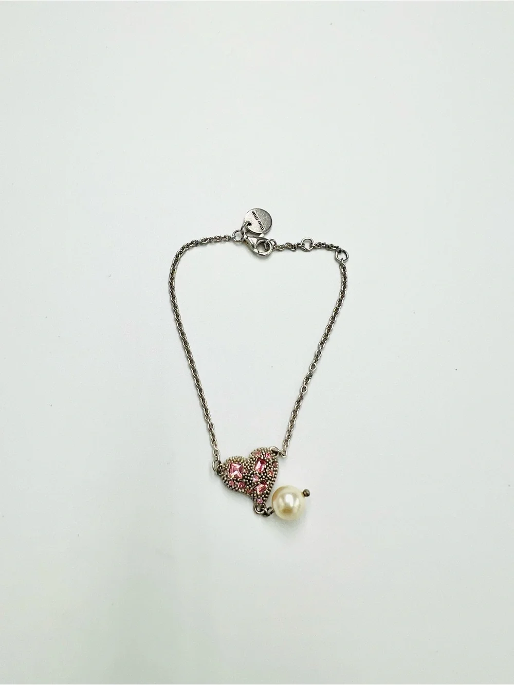 Miu Miu Crystal Faux Pearl Heart Silver Chain Bracelet - Picture 3 of 6